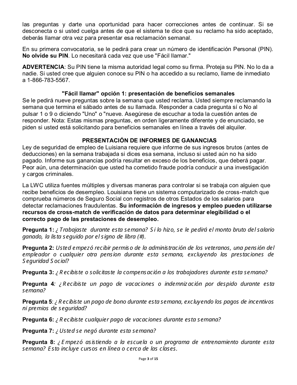 Beneficios De Desempleo Y Los Derechos Y Responsabilidades - Louisiana (Spanish), Page 3