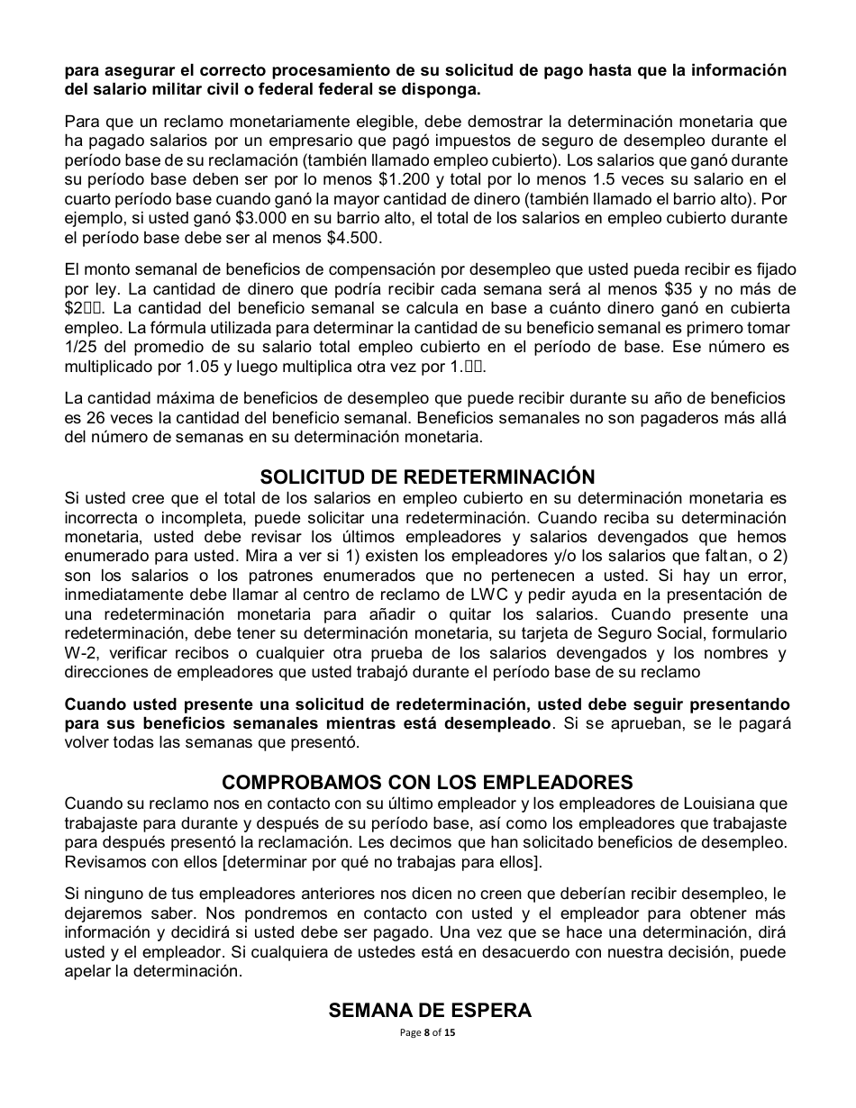 Beneficios De Desempleo Y Los Derechos Y Responsabilidades - Louisiana (Spanish), Page 8