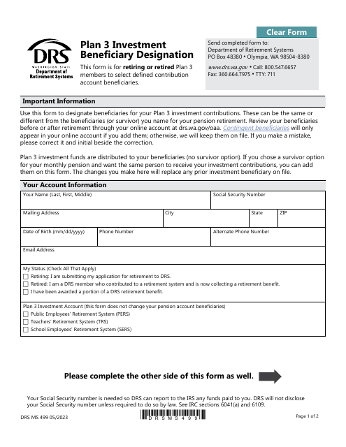 Form DRS MS499 Plan 3 Investment Beneficiary Designation - Washington