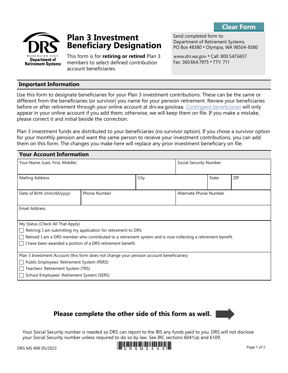 Form DRS MS499 Plan 3 Investment Beneficiary Designation - Washington, Page 1