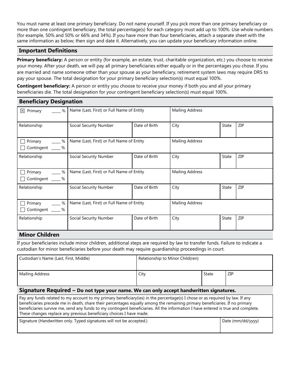 Form DRS MS499 Plan 3 Investment Beneficiary Designation - Washington, Page 2