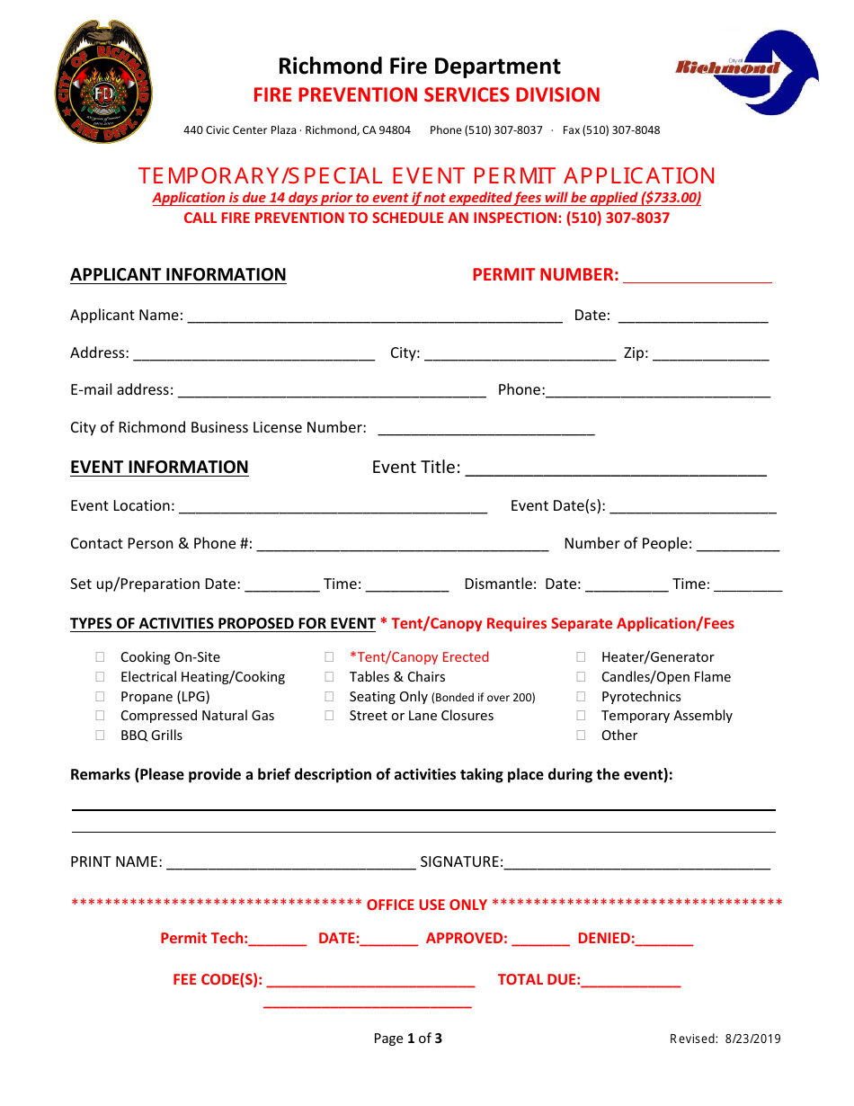 Temporary / Special Event Permit Application - Richmond City, California, Page 1