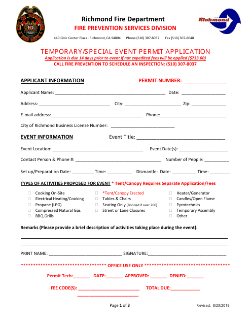 Temporary / Special Event Permit Application - Richmond City, California Download Pdf