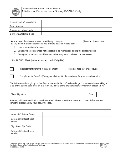 Form HS-3023 Affidavit of Disaster Loss During D-Snap Only - Tennessee