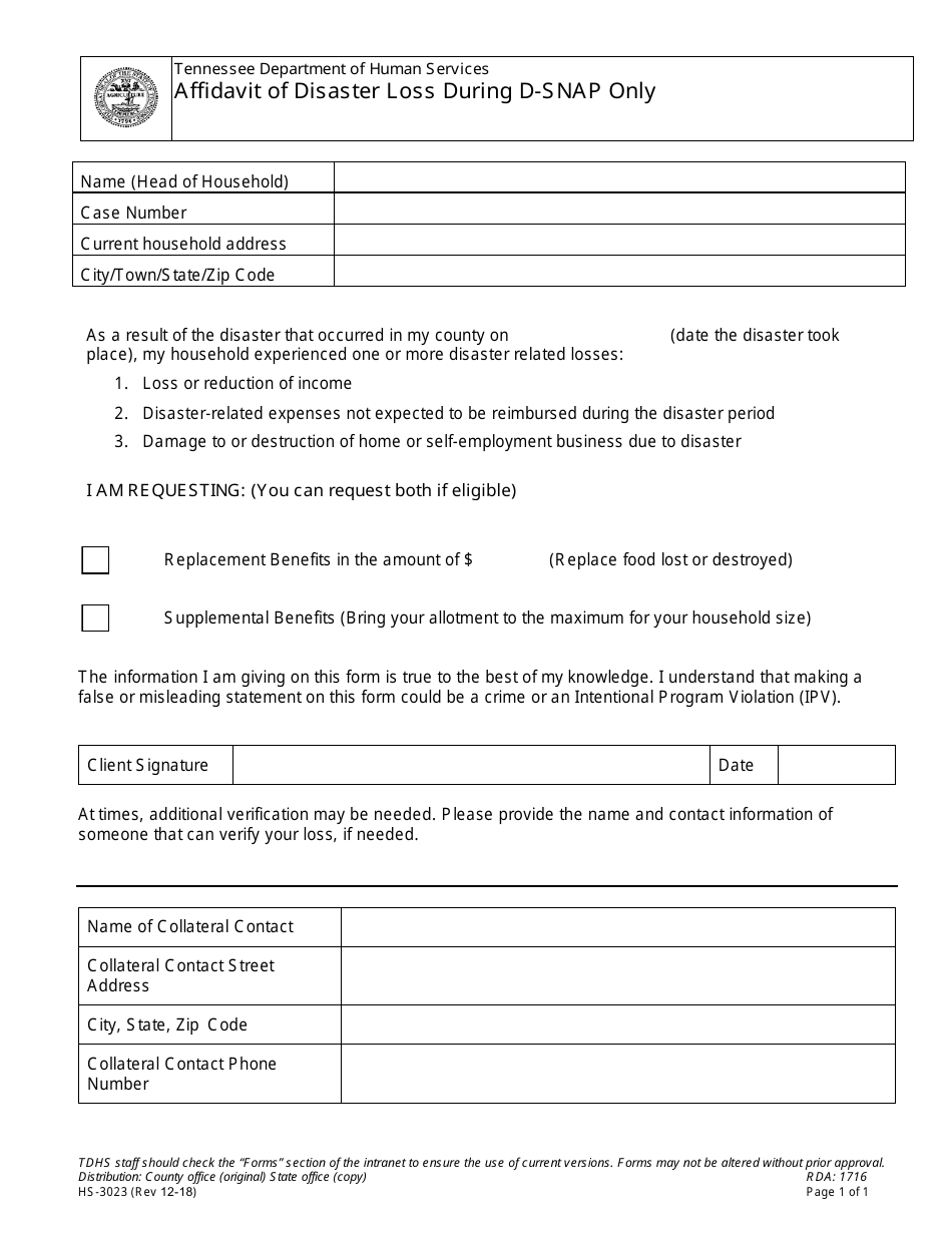 Form HS-3023 Affidavit of Disaster Loss During D-Snap Only - Tennessee, Page 1