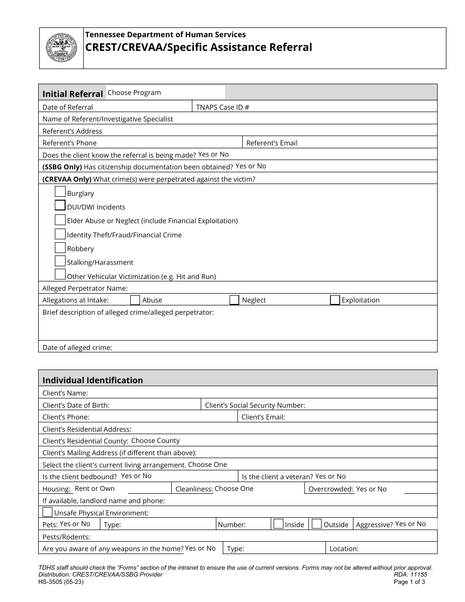 Form HS-3505 Crest / Crevaa / Specific Assistance Referral - Tennessee, Page 1