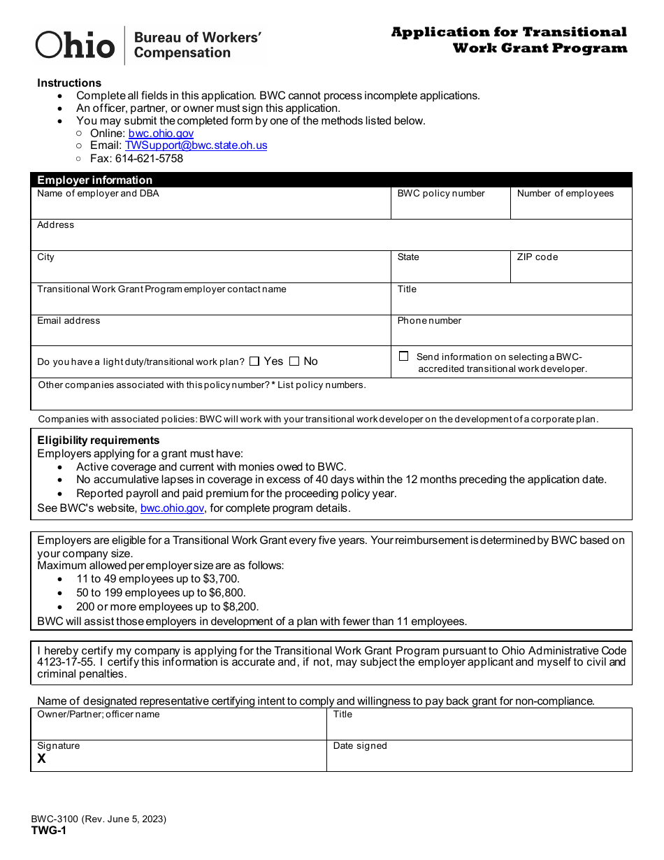 Form TWG-1 (BWC-3100) Application for Transitional Work Grant Program - Ohio, Page 1