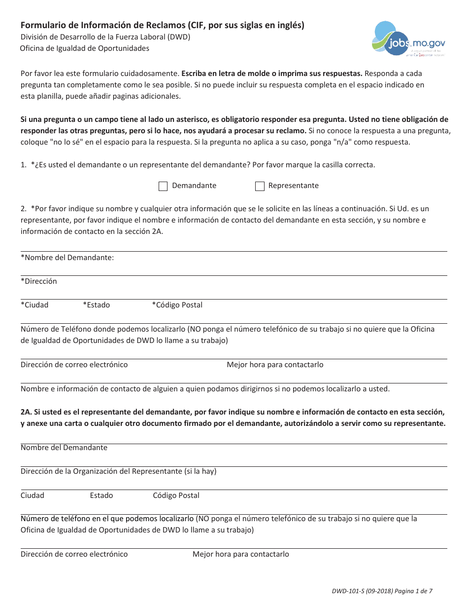 Formulario DWD-101-S Formulario De Informacion De Reclamos (Cif, Por Sus Siglas En Ingles) - Missouri (Spanish), Page 1