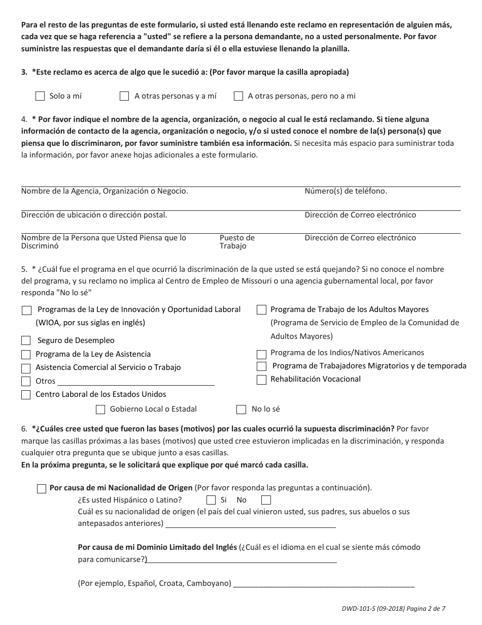 Formulario DWD-101-S Formulario De Informacion De Reclamos (Cif, Por Sus Siglas En Ingles) - Missouri (Spanish), Page 2