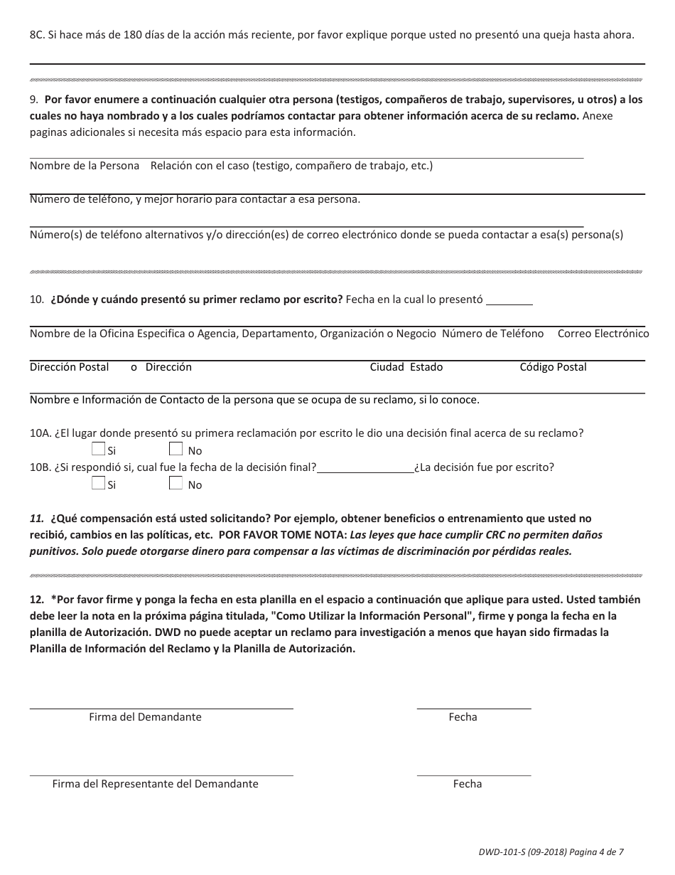 Formulario DWD-101-S Formulario De Informacion De Reclamos (Cif, Por Sus Siglas En Ingles) - Missouri (Spanish), Page 4