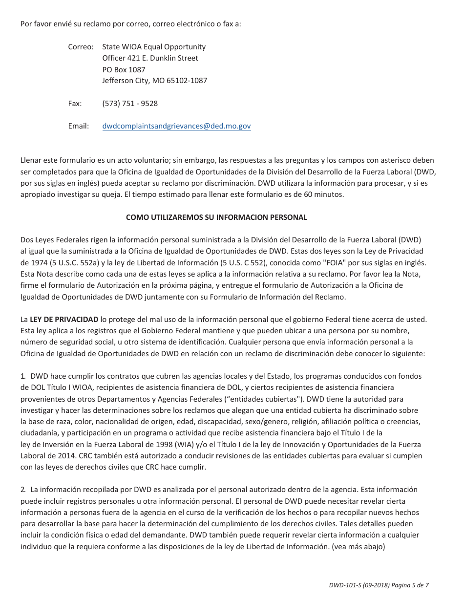 Formulario DWD-101-S Formulario De Informacion De Reclamos (Cif, Por Sus Siglas En Ingles) - Missouri (Spanish), Page 5