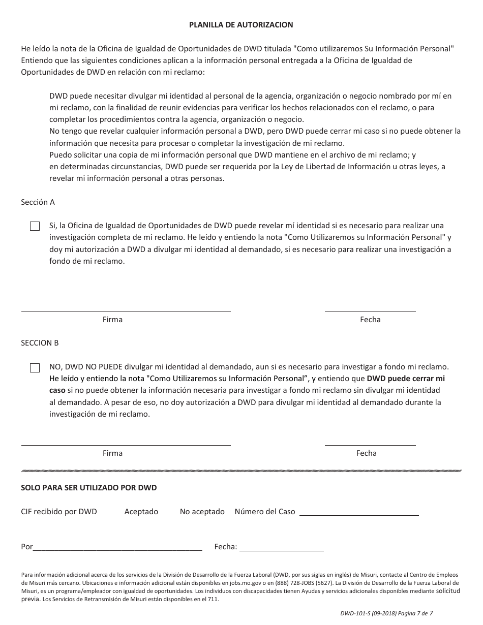 Formulario DWD-101-S Formulario De Informacion De Reclamos (Cif, Por Sus Siglas En Ingles) - Missouri (Spanish), Page 7