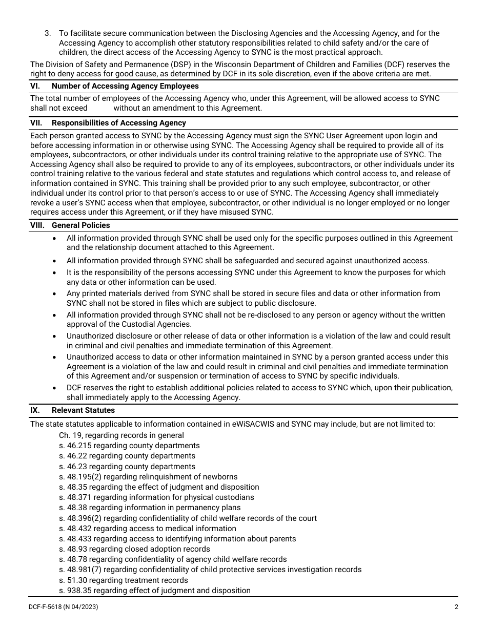 Form DCF-F-5618 External Agency Agreement on Access to Sync for Accessing Agency (Licensed Facility) - Wisconsin, Page 2