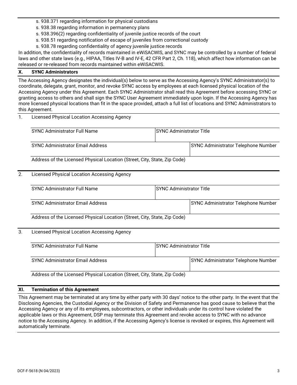 Form DCF-F-5618 External Agency Agreement on Access to Sync for Accessing Agency (Licensed Facility) - Wisconsin, Page 3