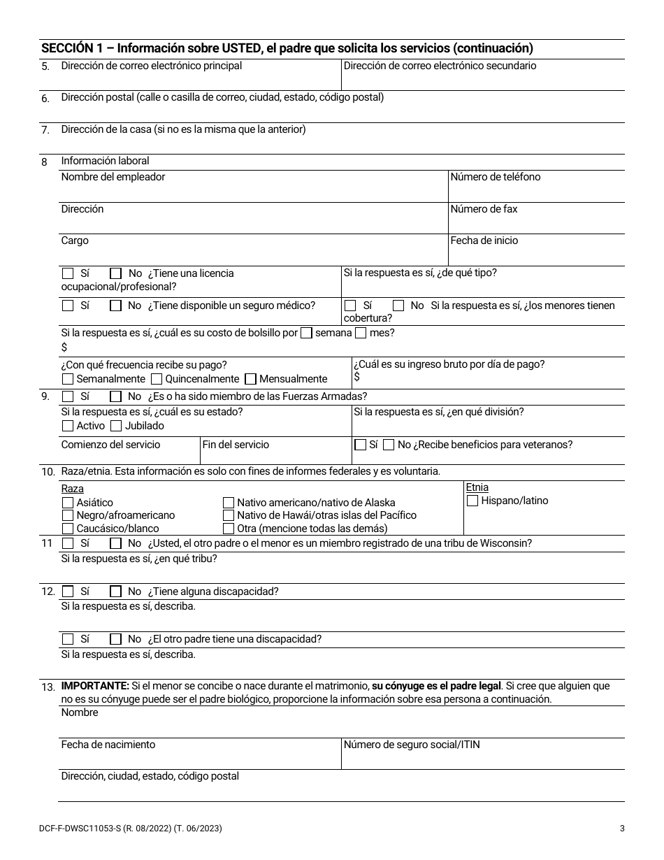 Formulario DCF-F-DWSC11053-S Solicitud Para Los Padres De Servicios De Manutencion De Menores - Wisconsin (Spanish), Page 3