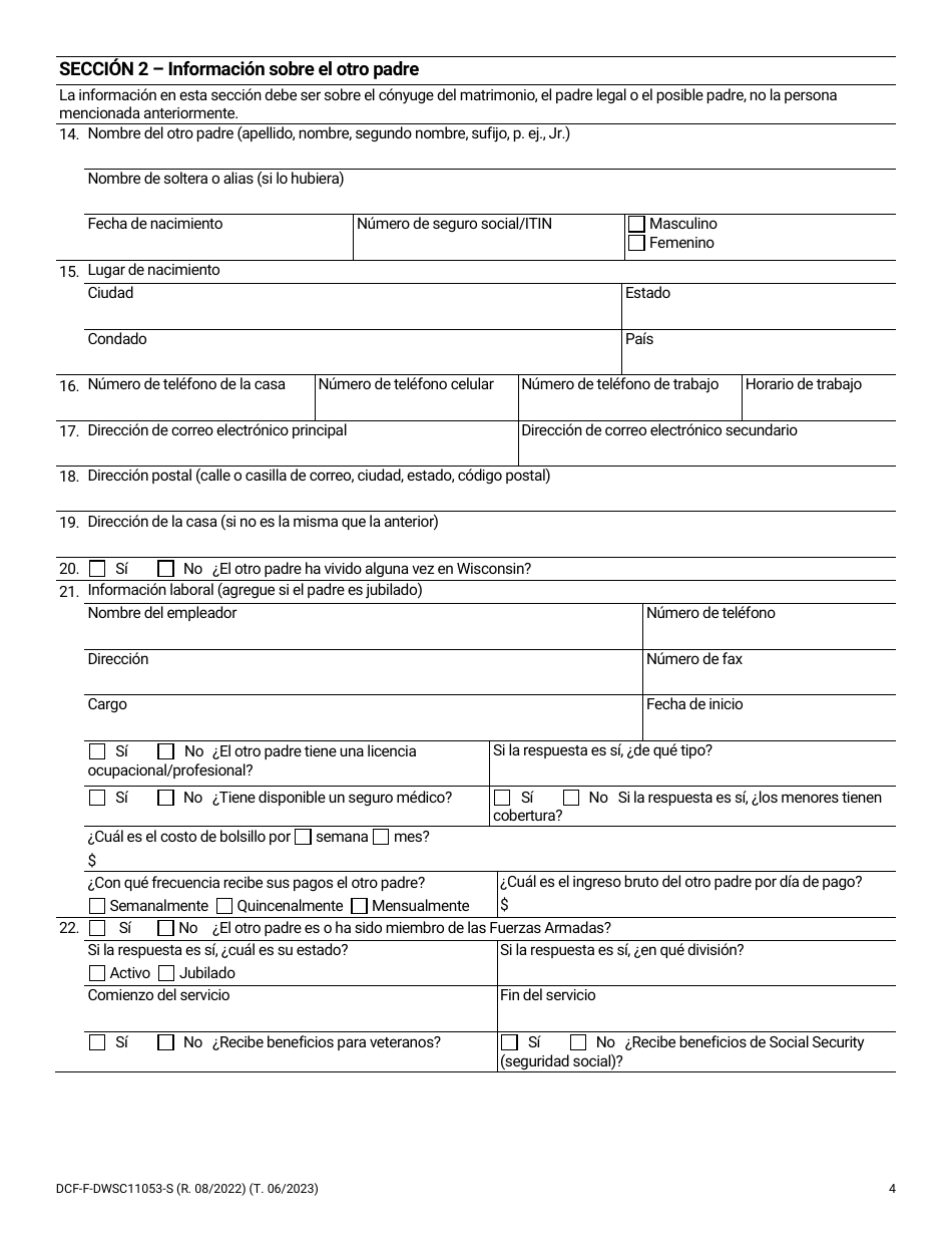 Formulario DCF-F-DWSC11053-S Solicitud Para Los Padres De Servicios De Manutencion De Menores - Wisconsin (Spanish), Page 4
