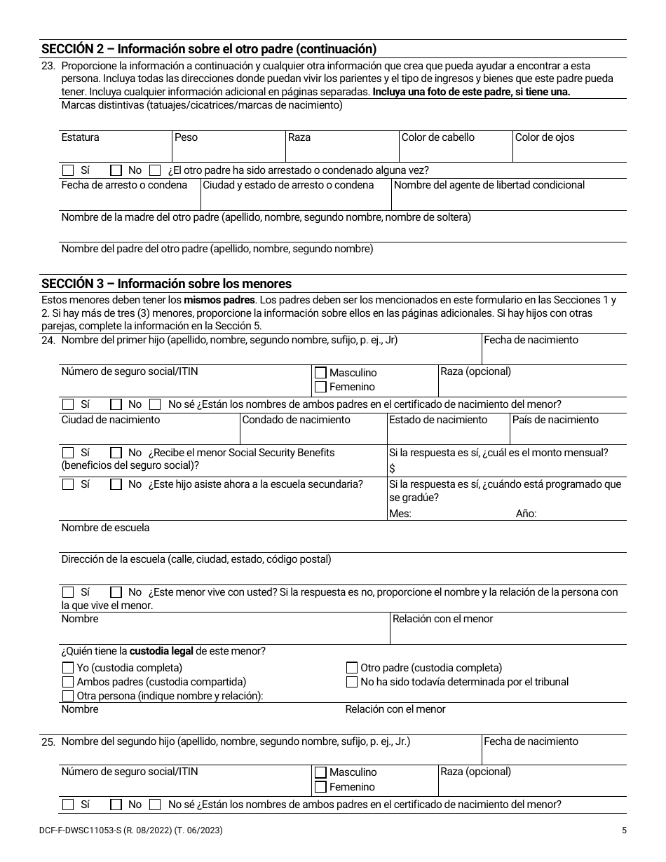 Formulario DCF-F-DWSC11053-S Solicitud Para Los Padres De Servicios De Manutencion De Menores - Wisconsin (Spanish), Page 5