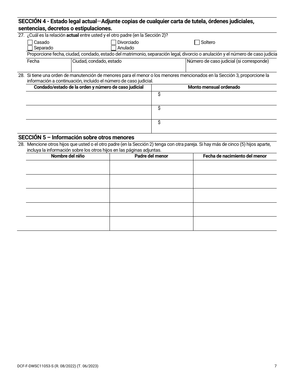 Formulario DCF-F-DWSC11053-S Solicitud Para Los Padres De Servicios De Manutencion De Menores - Wisconsin (Spanish), Page 7