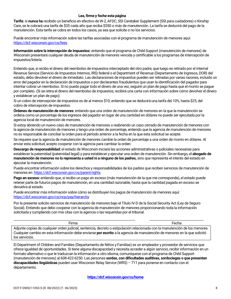 Formulario DCF-F-DWSC11053-S Solicitud Para Los Padres De Servicios De Manutencion De Menores - Wisconsin (Spanish), Page 8