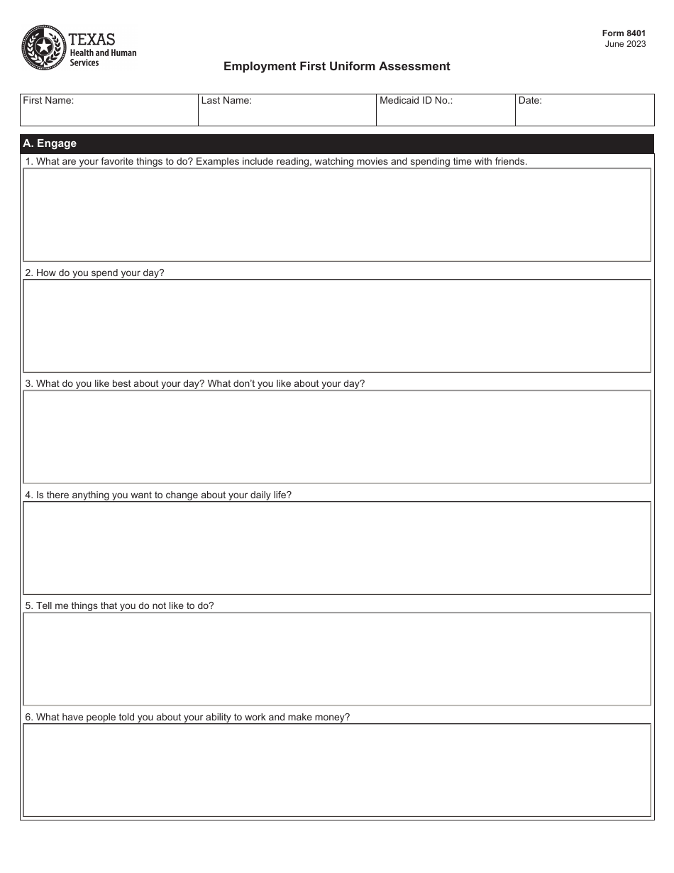 Form 8401 Employment First Uniform Assessment - Texas, Page 1