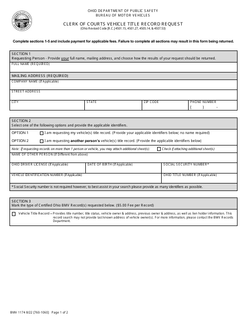 Form BMV1174 Clerk of Courts Vehicle Title Record Request - Ohio