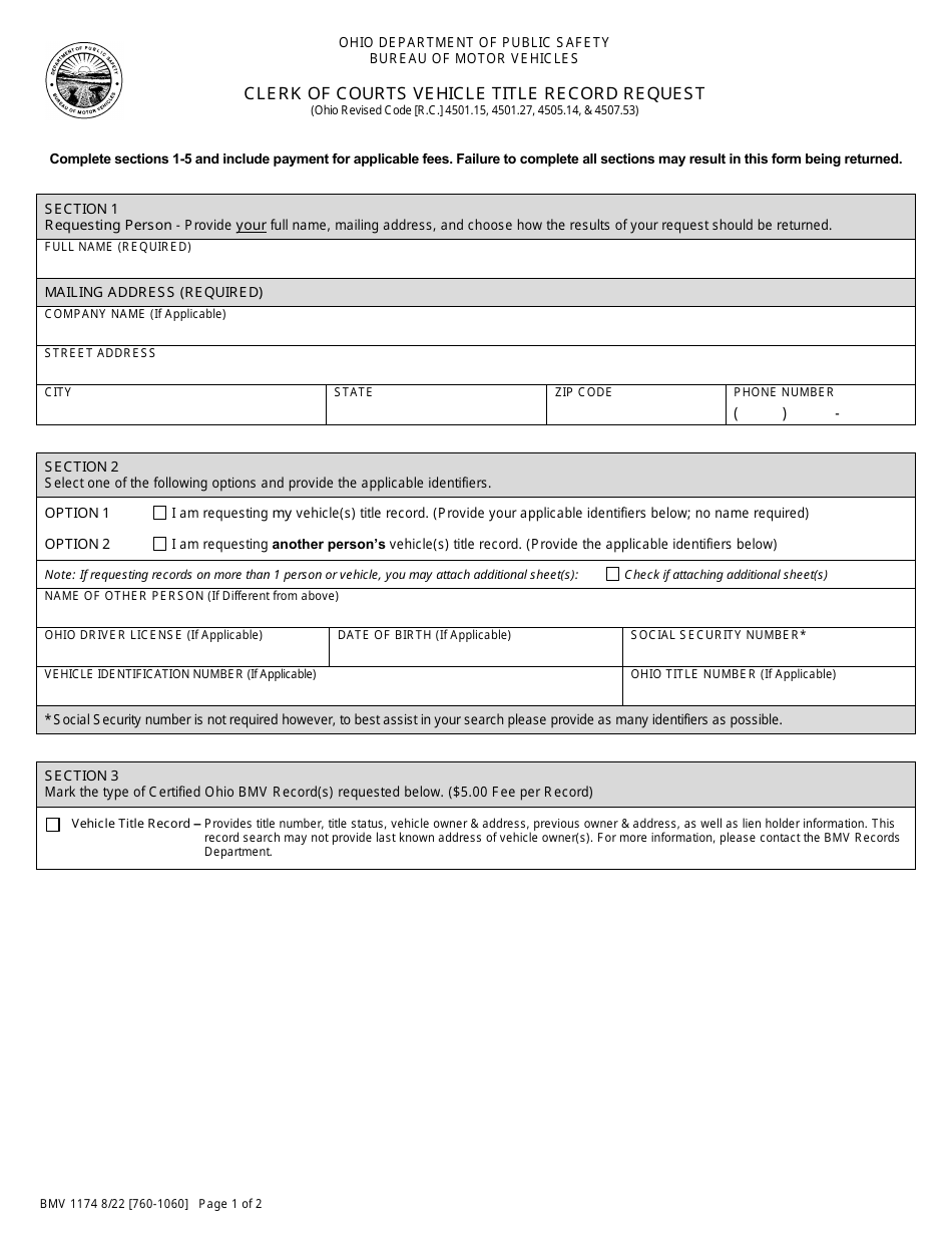 Form BMV1174 Clerk of Courts Vehicle Title Record Request - Ohio, Page 1