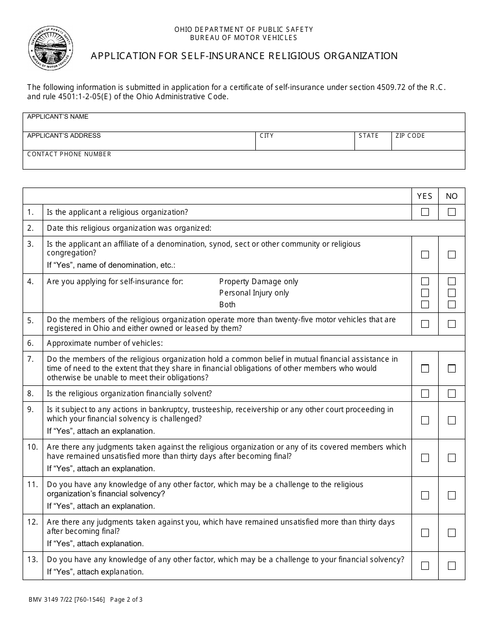 Form BMV3149 Application for Self-insurance Religious Organization - Ohio, Page 2