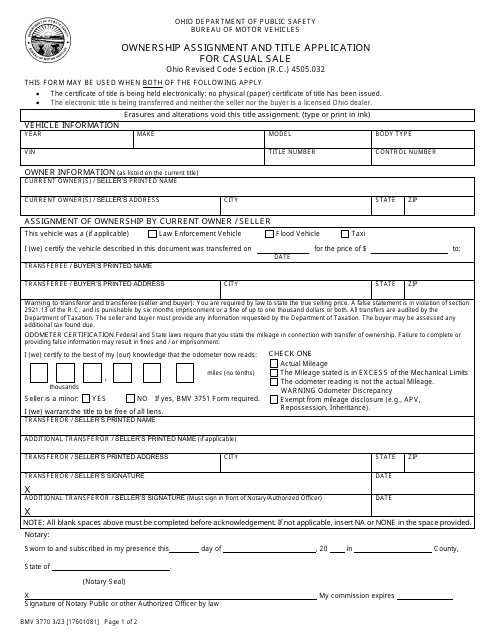 Form BMV3770 Ownership Assignment and Title Application for Casual Sale - Ohio