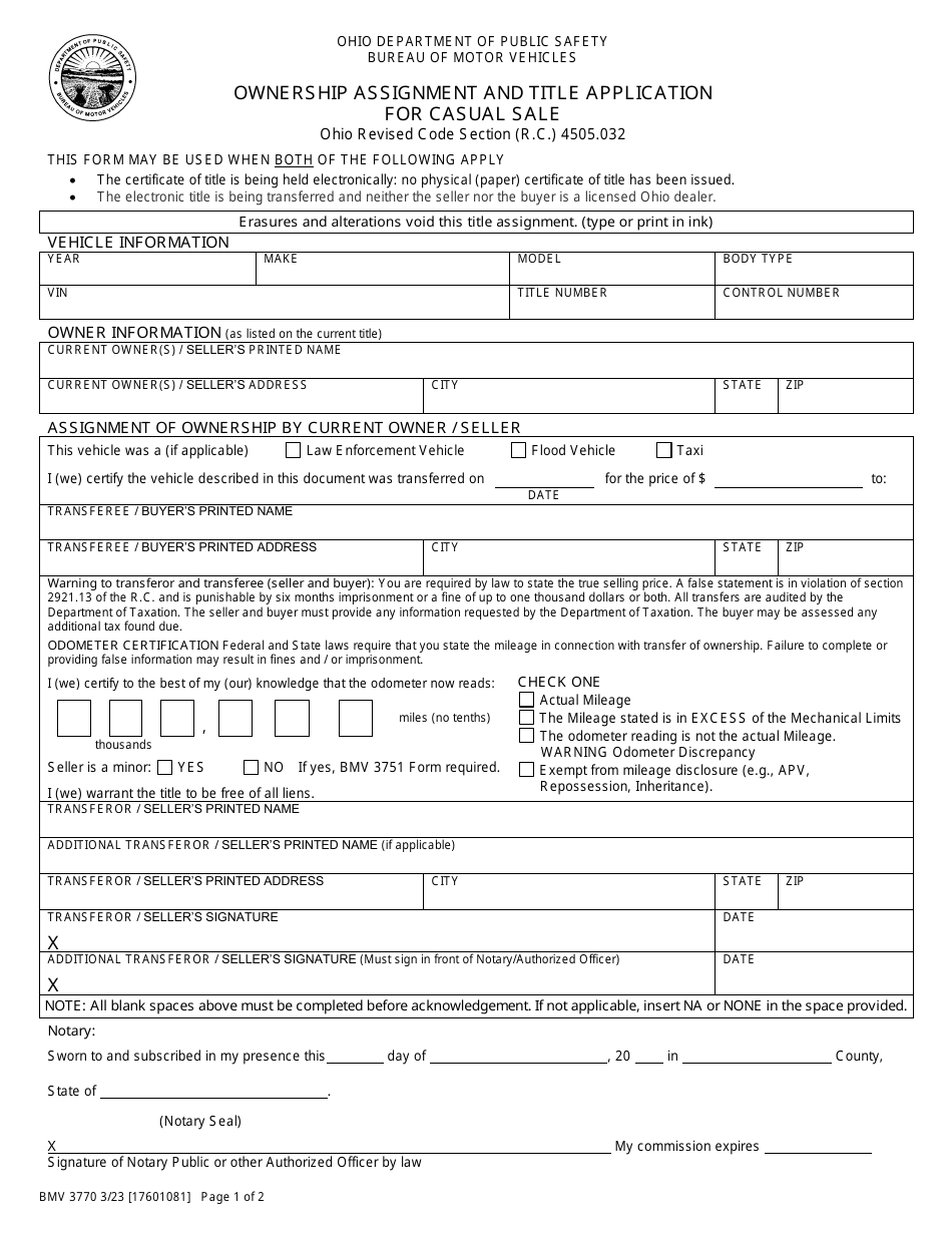 Form BMV3770 Ownership Assignment and Title Application for Casual Sale - Ohio, Page 1