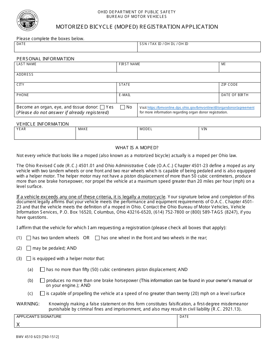 Form BMV4510 Motorized Bicycle (Moped) Registration Application - Ohio, Page 1