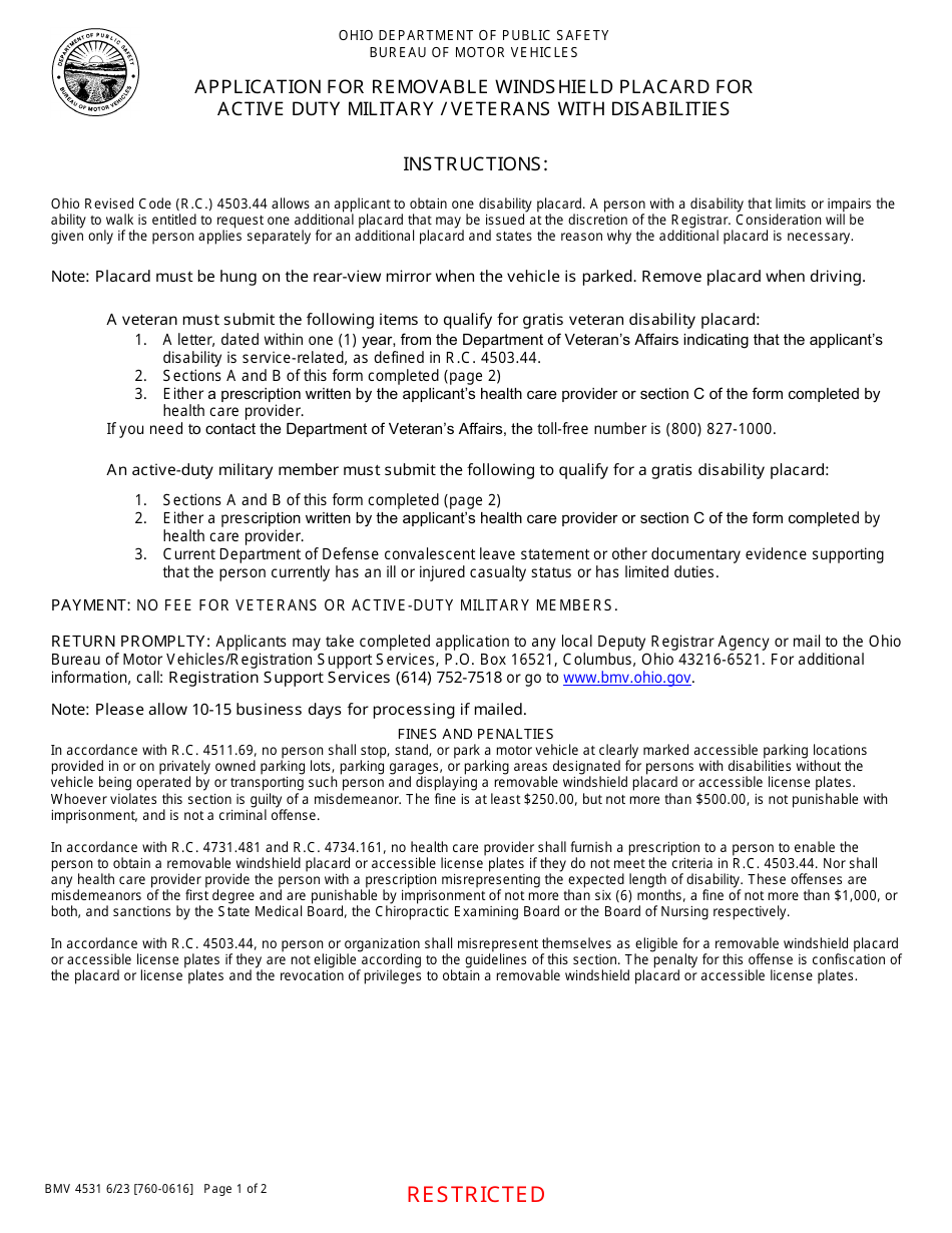 Form BMV4531 Application for Removable Windshield Placard for Active Duty Military / Veterans With Disabilities - Ohio, Page 1