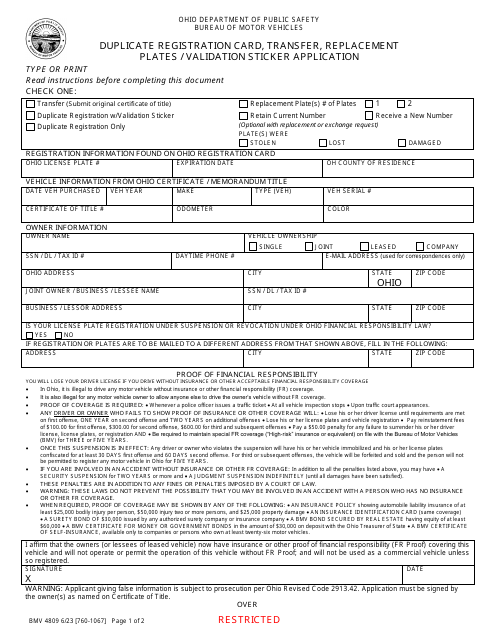 Form BMV4809 Duplicate Registration Card, Transfer, Replacement Plates/Validation Sticker Application - Ohio