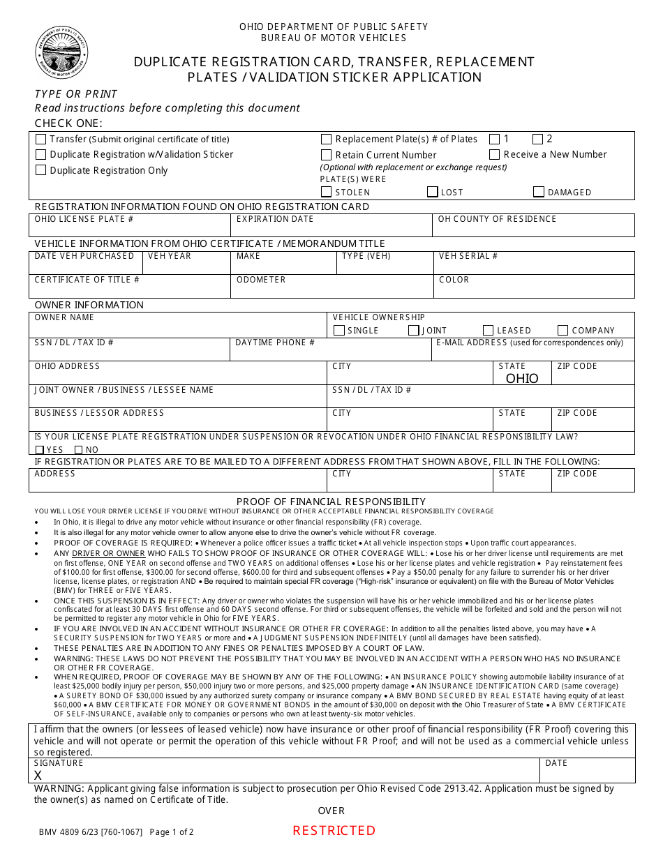 Form BMV4809 Duplicate Registration Card, Transfer, Replacement Plates / Validation Sticker Application - Ohio, Page 1