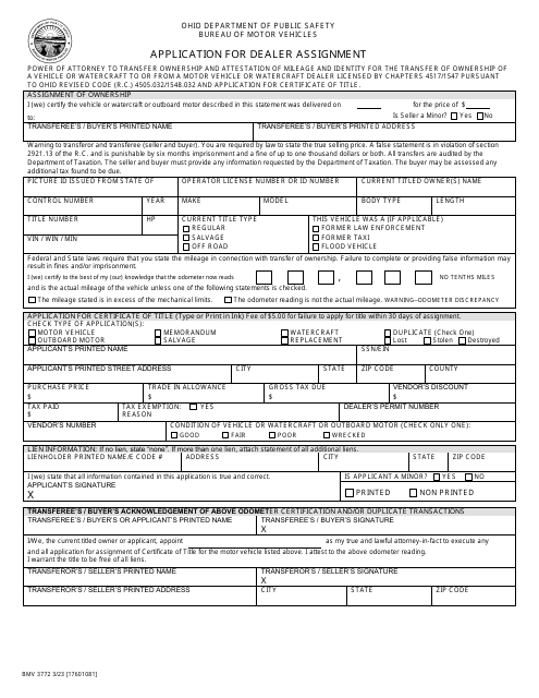 Form BMV3772 Application for Dealer Assignment - Ohio