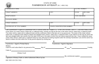 Document preview: Form BMV3809 Pawnbroker Affidavit - Ohio