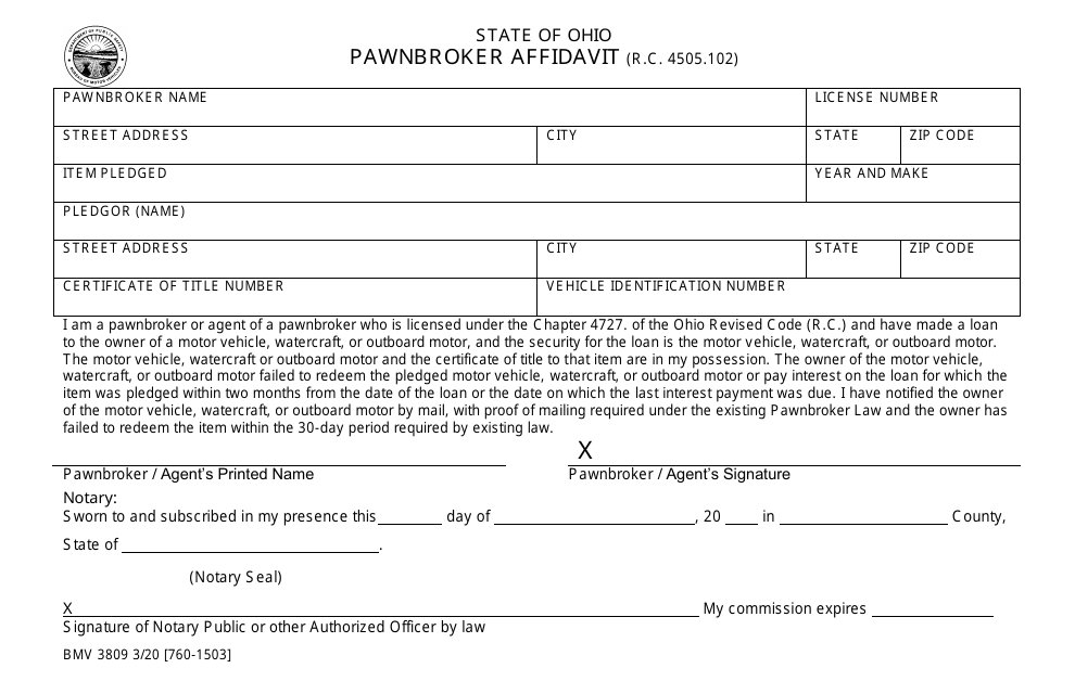 Form BMV3809 Pawnbroker Affidavit - Ohio