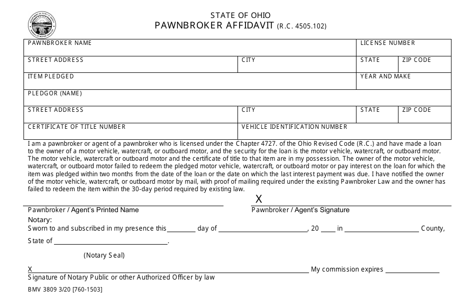 Form BMV3809 Pawnbroker Affidavit - Ohio, Page 1