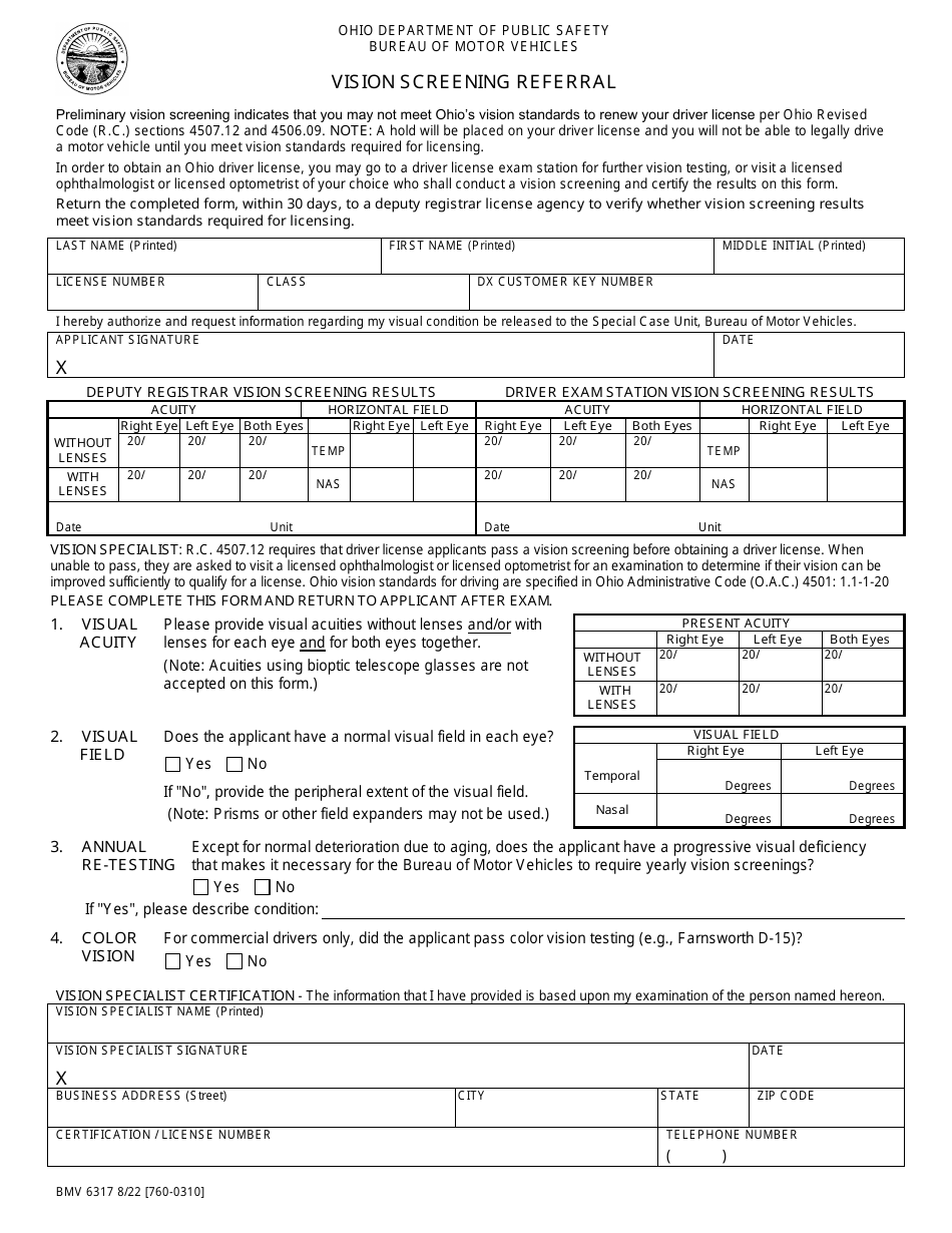 Form BMV6317 Vision Screening Referral - Ohio, Page 1