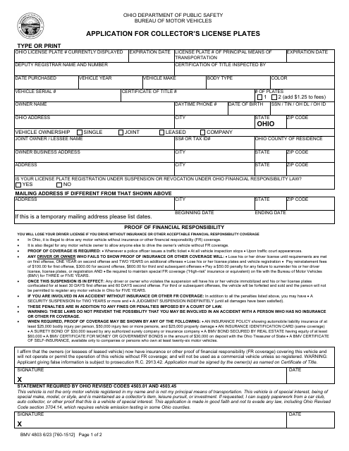 Form BMV4803 Application for Collector's License Plates - Ohio