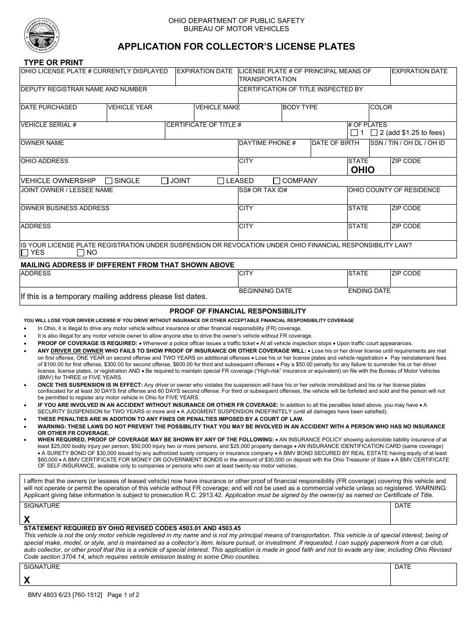 Form BMV4803 Application for Collectors License Plates - Ohio, Page 1