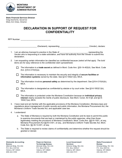 Declaration in Support of Request for Confidentiality - Montana Download Pdf