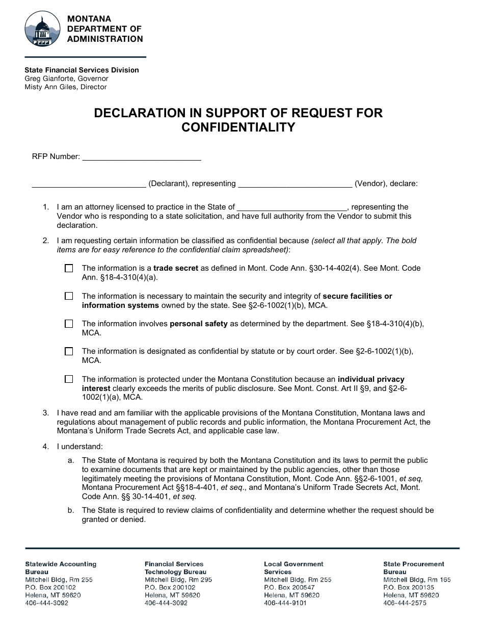 Declaration in Support of Request for Confidentiality - Montana, Page 1
