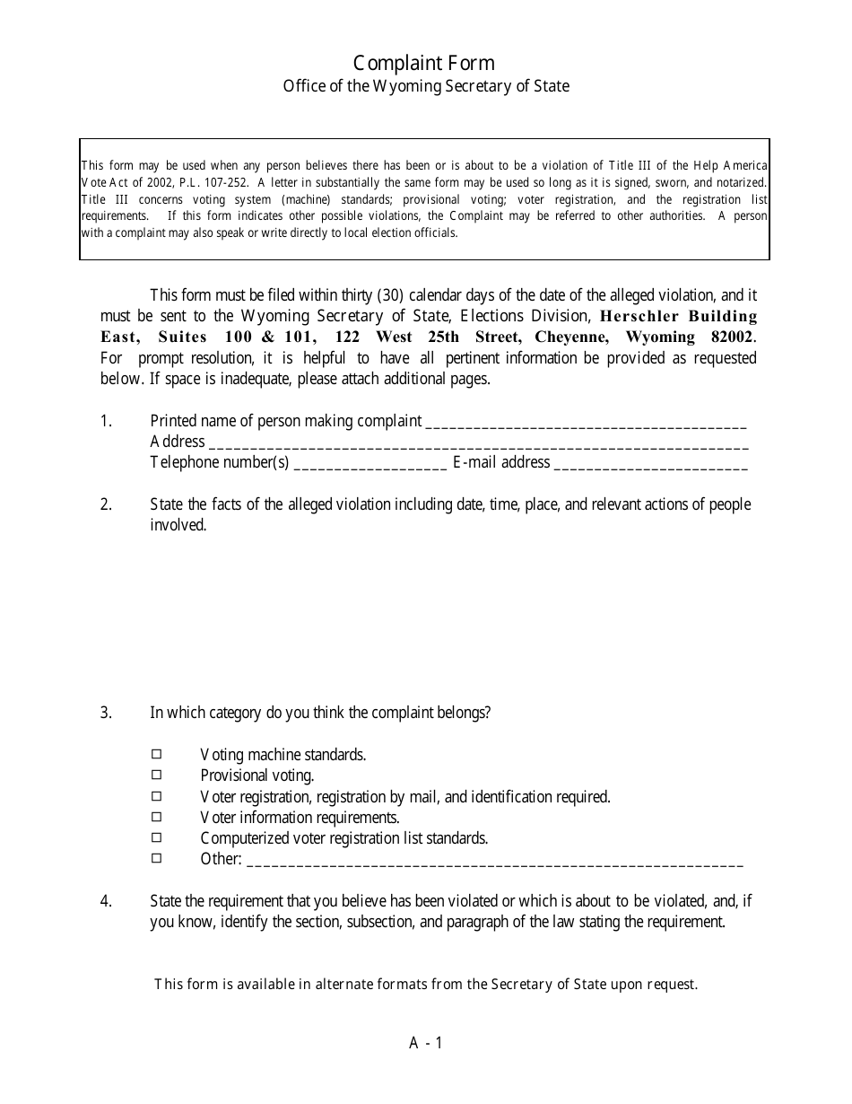 Hava Complaint Form - Wyoming, Page 1