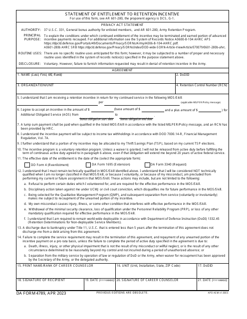 DA Form 4789 Statement of Entitlement to Retention Incentive