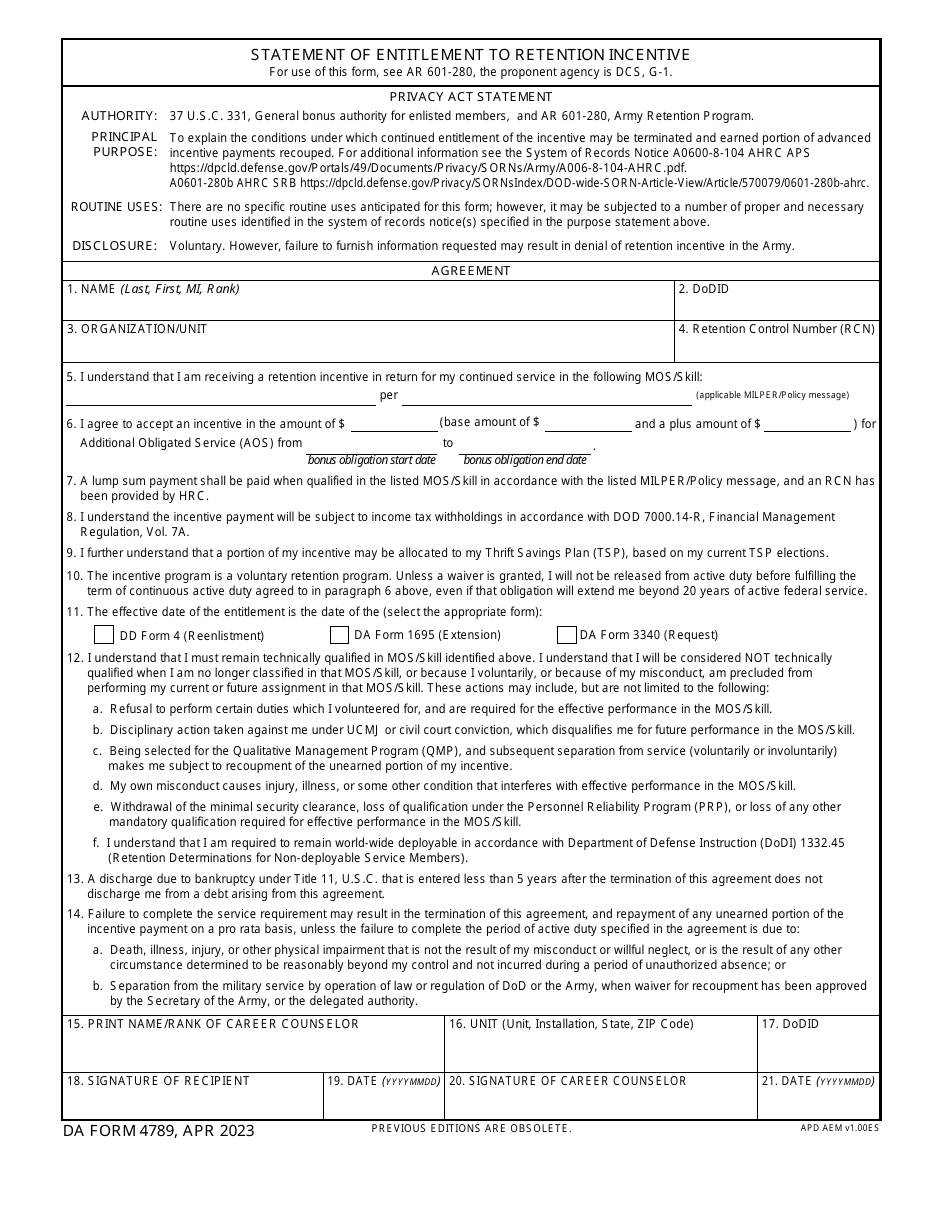 DA Form 4789 Download Fillable PDF or Fill Online Statement of ...