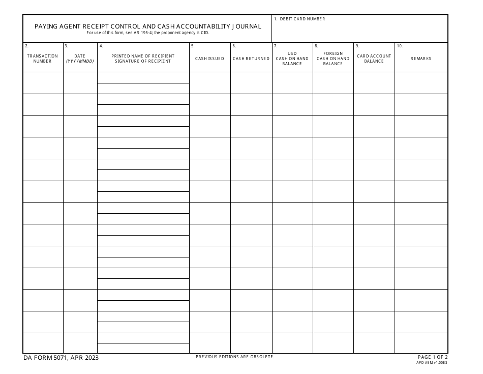 DA Form 5071 Paying Agent Receipt Control and Cash Accountability Journal, Page 1