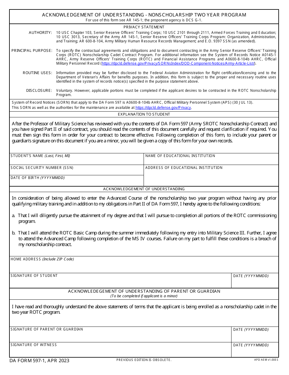 DA Form 597-1 Download Fillable PDF or Fill Online Acknowledgement of Understanding - Nonscholarship Two Year Program | Templateroller