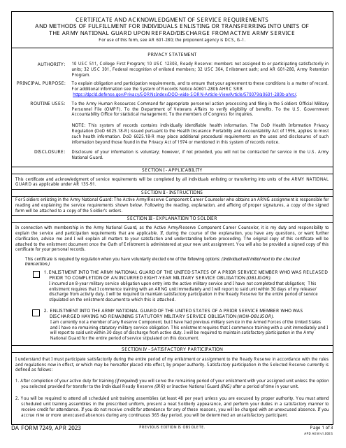DA Form 7249 Certificate and Acknowledgment of Service Requirements and Methods of Fulfillment for Individuals Enlisting or Transferring Into Units of the Army National Guard Upon REFRAD/Discharge From Active Army Service