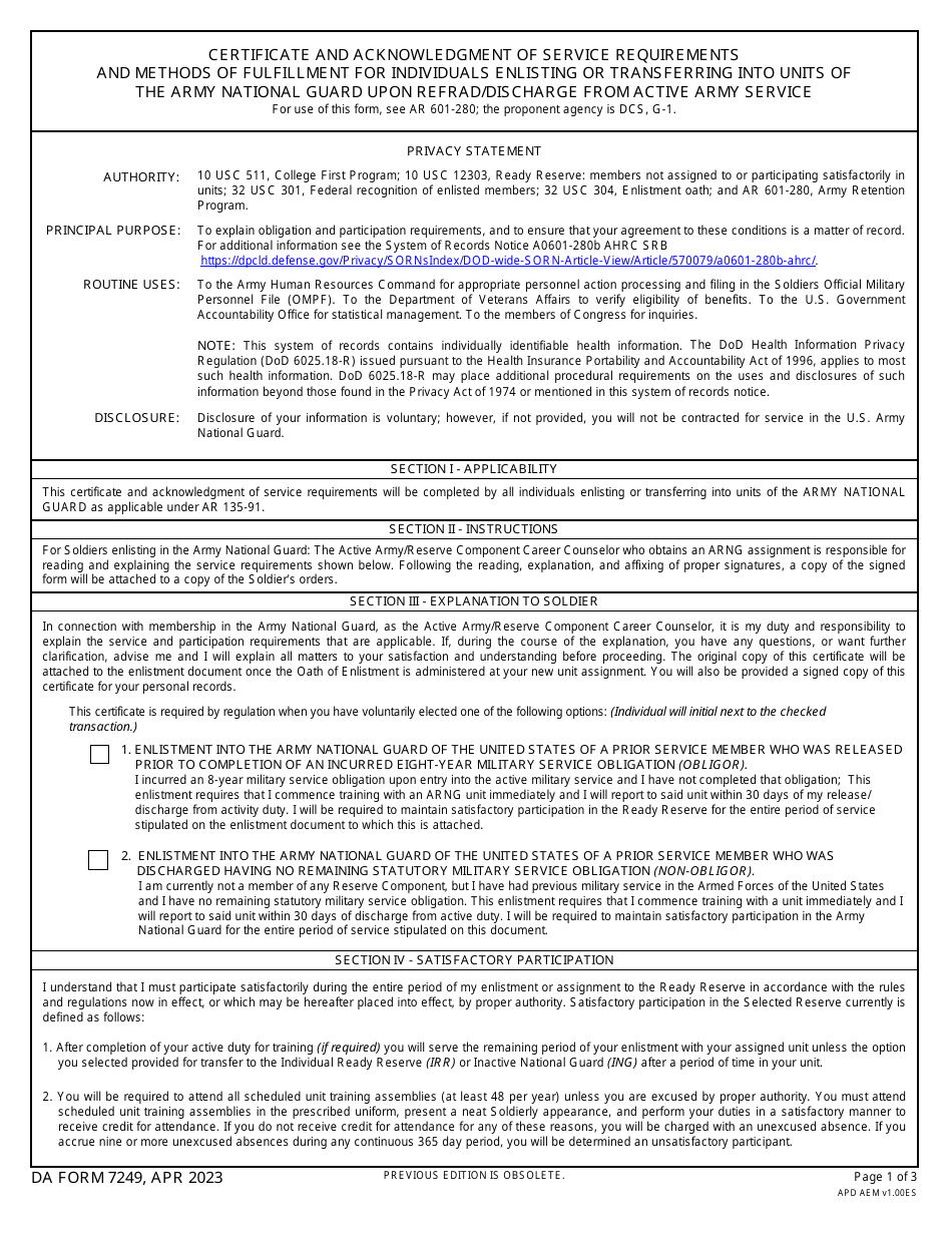 DA Form 7249 Certificate and Acknowledgment of Service Requirements and Methods of Fulfillment for Individuals Enlisting or Transferring Into Units of the Army National Guard Upon REFRAD / Discharge From Active Army Service, Page 1