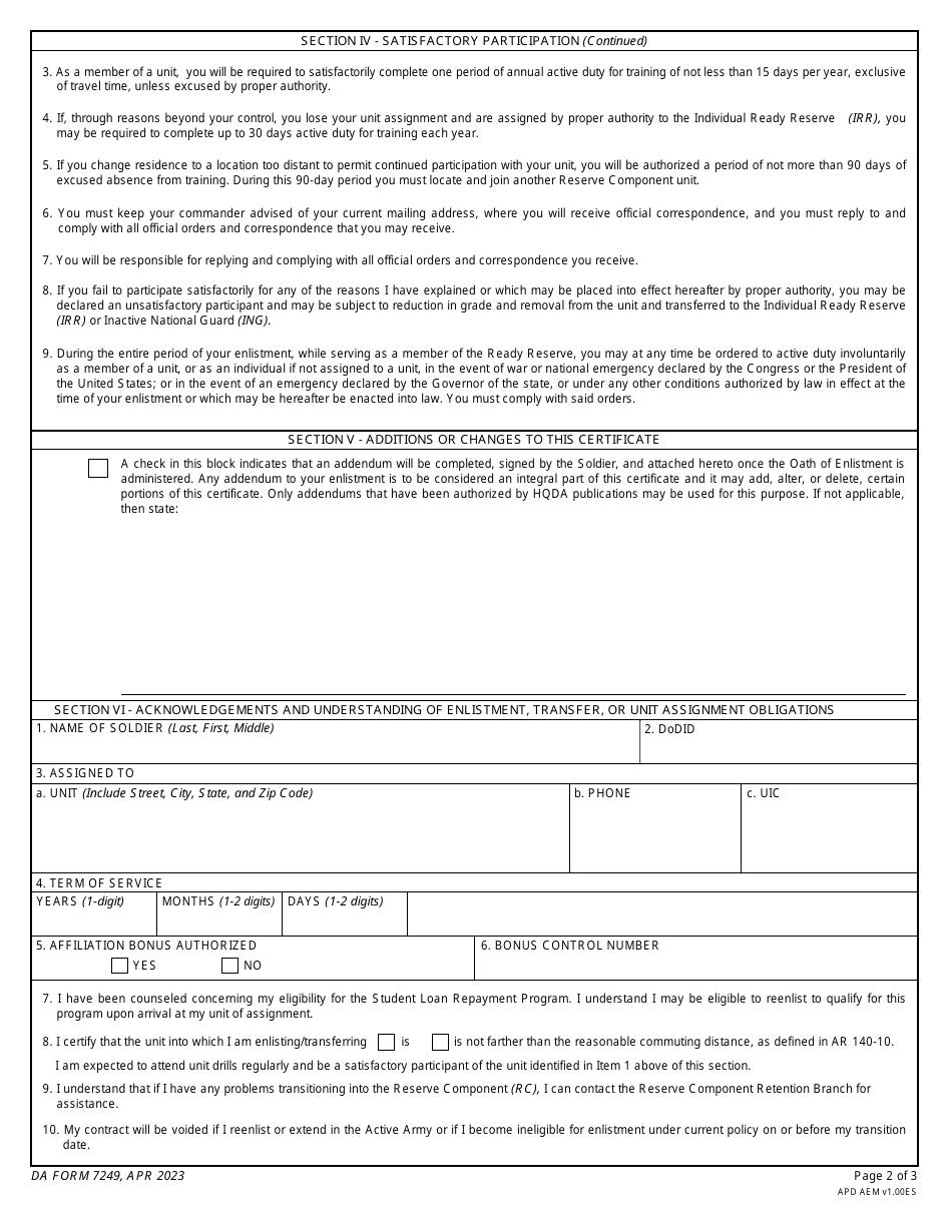 DA Form 7249 Certificate and Acknowledgment of Service Requirements and Methods of Fulfillment for Individuals Enlisting or Transferring Into Units of the Army National Guard Upon REFRAD / Discharge From Active Army Service, Page 2